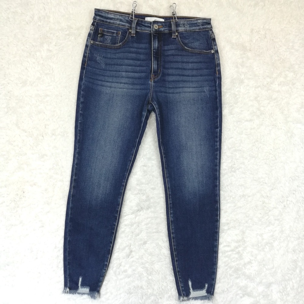 Kancan Womens Jeans Skinny High Rise Blue Denim Distressed Frayed Hem 13